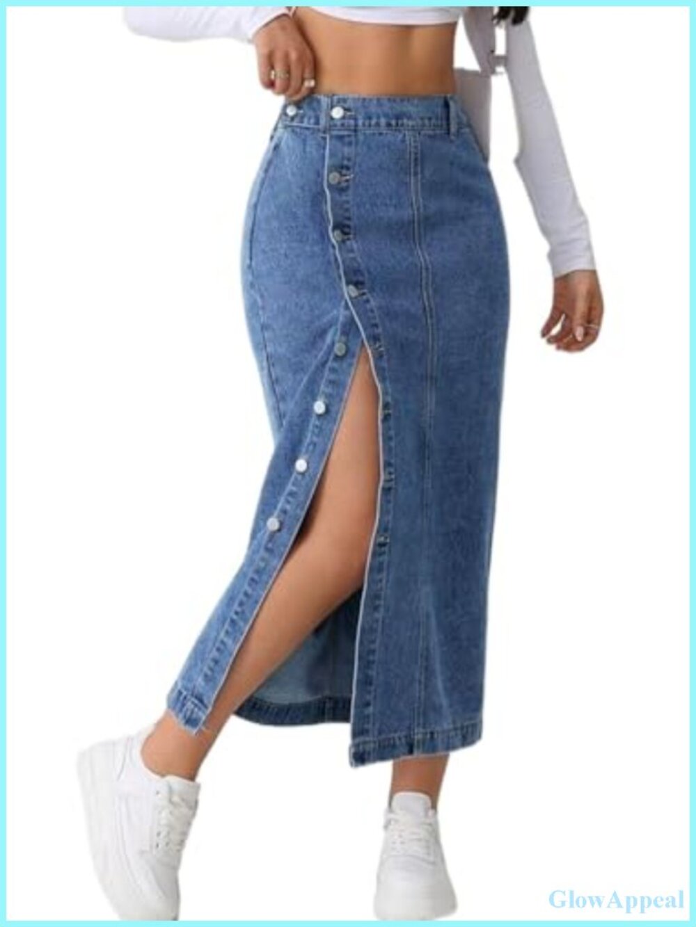 Women's Stretch Denim Midi Jean Skirt Slit High Waist No Pockets